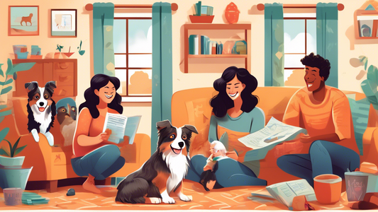 A detailed and bright illustration showing a family happily interacting with a playful Miniature Australian Shepherd in a cozy home setting. The background features adoption papers, a checklist, and i