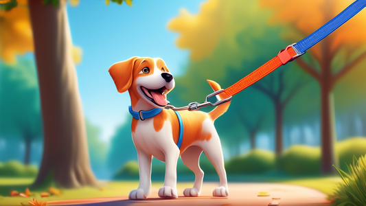 Photorealistic image of a happy dog on a walk, holding a vibrant-colored silicone leash in a park setting. Highlight the leash’s flexibility and durability with close-up shots showing strong clips and