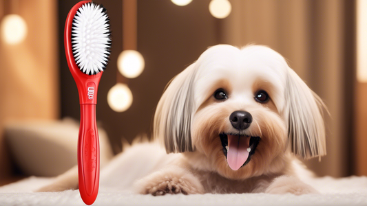 Create an image showcasing a happy dog enjoying a grooming session with a Kong Brush, with a close-up of the brush's unique features. The background should depict a cozy home environment, highlighting