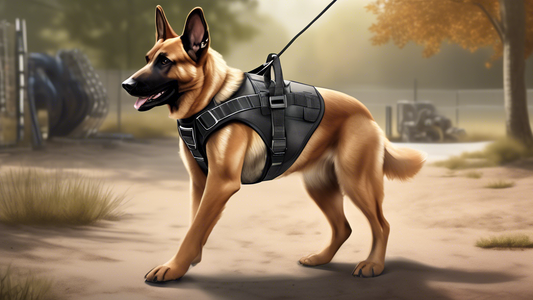 Create a detailed and realistic illustration of a dog wearing a high-quality, tactical no-pull harness. The setting is an outdoor training ground with agility equipment in the background. The dog is a