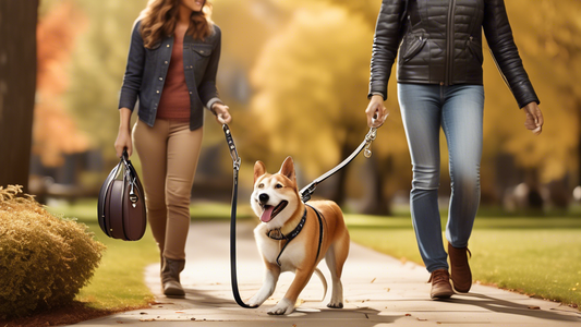 Create an image of a serene park setting where a happy dog is being walked by its owner using a high-quality leather leash. In the foreground, feature a close-up of several different types of leather