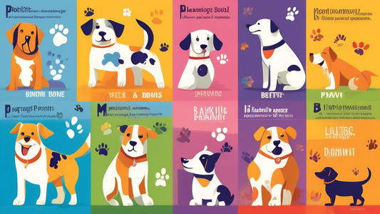 Create an image showcasing various dog behaviors in a colorful, educational poster style. Include illustrations of dogs displaying body language such as wagging their tails, barking, playing, and show