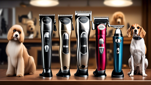 Create a high-quality image of various top professional dog clippers neatly arranged on a grooming table. Include a variety of designs and brands, showcasing their unique features such as sleek design