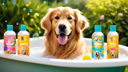 Create an image of a cheerful golden retriever enjoying a bubble bath outdoors, surrounded by various bottles of high-quality dog shampoos neatly arranged. Each bottle is labeled with a name indicatin
