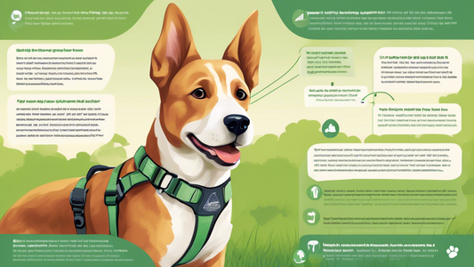An illustrated guide featuring a close-up view of a friendly dog wearing a Gentle Leader harness. The background consists of helpful diagrams and tips explaining the correct way to fit and use the har