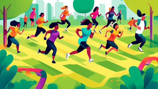 Create a vibrant image of a diverse group of people engaging in an outdoor agility training session. Include activities like running through obstacle courses, navigating agility ladders, and jumping o