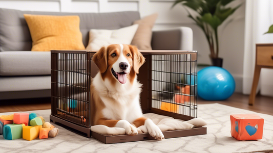 Illustrate a friendly and cozy indoor scene with a happy dog inside a comfortable, well-padded crate. Show the crate placed in a lively but peaceful living room, with dog toys, treats, and a water bow