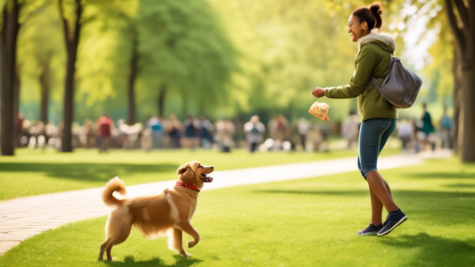 Create an image showing a well-trained dog happily walking off-leash alongside its owner in a picturesque park. The owner is joyfully holding up a treat or toy, and the dog is attentively looking at t