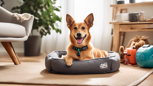 Create an image of a cheerful dog surrounded by essential dog gear for pet owners. Include items like a comfortable dog bed, a sturdy leash, a collar with a name tag, a selection of dog toys, a food b