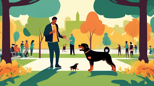 Create an image of a friendly Rottweiler being trained by a smiling, professional dog trainer in a local park setting. Include signs such as 'Local Rottweiler Training Services' and 'Training in Progr
