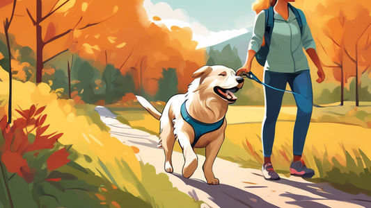 Create a vibrant and engaging image of a happy dog outdoors, using a high-quality Ruffwear leash. The dog looks lovingly towards its owner, who is also depicted enjoying the walk. The scene includes b