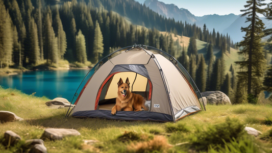 A serene campsite setting in a scenic forest with a comfortable portable dog pen housing a happy dog. The pen has features like mesh sides, a zippered door, and a shade cover. Nearby, a family is enjo
