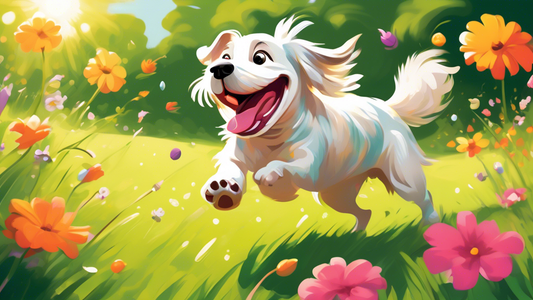 A happy dog playing with a colorful giggle ball toy in a sunny backyard, joyfully jumping and wagging its tail, surrounded by lush green grass and blooming flowers. The dog is mid-action with its tong
