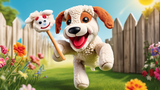 Create an image of a cheerful dog playing with a Lamb Chop plush toy in a vibrant, grassy backyard. The dog is joyfully bounding around and holding the toy in its mouth, showcasing the toy's likeness