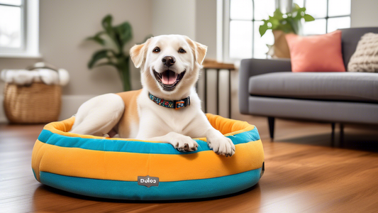Create a vibrant and cheerful image of a variety of top dog supplies available on Amazon. Include items like comfortable dog beds, interactive toys, nutritious food, grooming tools, chic collars, and