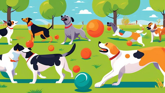A vibrant, high-energy scene at a dog park featuring various active breeds of dogs joyfully playing with innovative, self-moving dog balls. The balls should have different designs and colors, showcasi