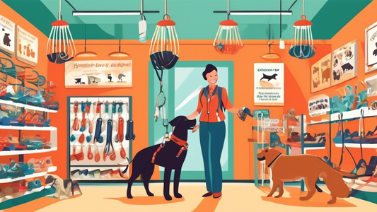 Create a detailed illustration of a friendly pet store display with various types of dog leashes hanging neatly on hooks. The scene should include leashes of different materials (such as leather, nylo