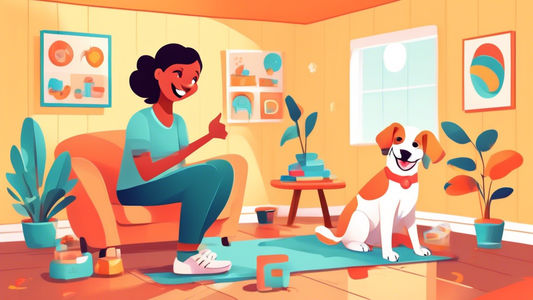 A cheerful scene in a cozy living room where a happy puppy successfully uses a potty pad, with a smiling owner giving a thumbs-up. There are colorful dog training charts on the wall, a basket of dog t