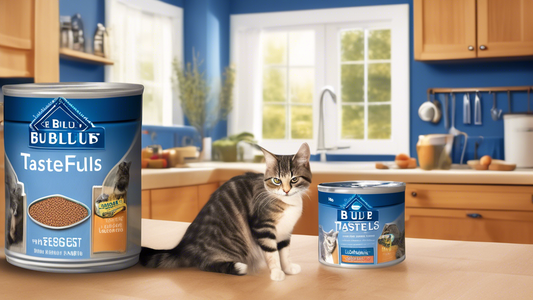 Create an image displaying a cozy kitchen scene where a pet owner is feeding a cat from a can of Blue Buffalo Tastefuls cat food. The kitchen should be warm and inviting, with the Blue Buffalo Tastefu