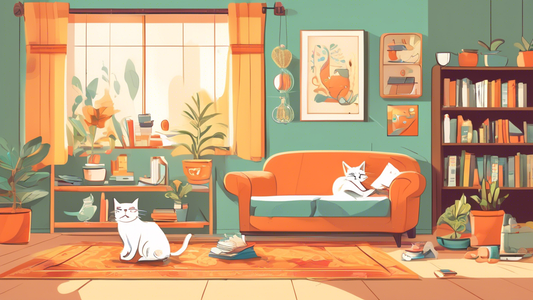 Create an image of a cozy living room where a happy, relaxed cat is wearing a well-fitted, stylish harness. The cat is chewing on a selection of harnesses that are laid out on the carpet, with various