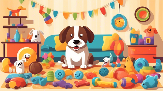 Create an image of a happy dog surrounded by a variety of delightful dog toys, including squeaky toys, chew toys, and interactive treats. The background should be a cozy living room with a soft rug an
