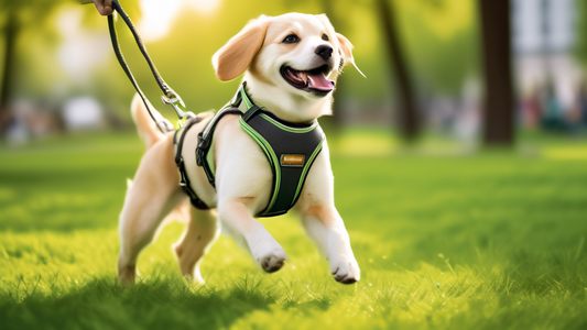 Create an image of a happy dog wearing a sleek, durable metal harness while playing in a lush green park. The harness should have a modern design with ergonomic features, showcasing its strength and c