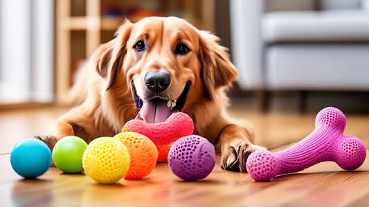 A high-resolution image showcasing a variety of colorful, durable dog toys specifically designed for dogs that love to chew. The toys include heavy-duty rubber bones, reinforced ropes, and ultra-tough
