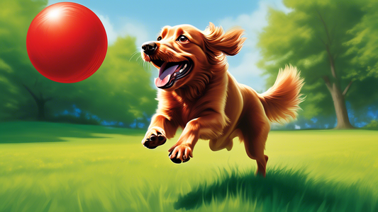 Create an image of a happy dog playing with a large, vibrant red Kong ball in a sunny outdoor setting. The dog looks excited and playful, leaping into the air or eagerly chasing the ball. The backgrou