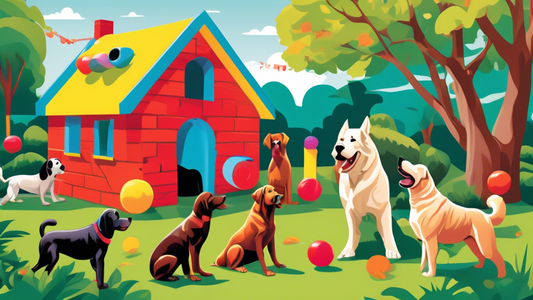 Create an image of a large, robust dog toy shaped like the iconic Kong Classic XL, surrounded by happy, energetic dogs of various breeds playing with it in a vibrant, spacious backyard. Show the durab
