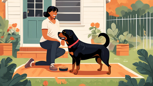 A detailed and vibrant illustration of a Rottweiler in a well-maintained backyard, actively engaging in training exercises with its owner. The scene includes the owner using positive reinforcement wit