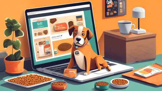 Create a detailed digital illustration of a cozy home office setting where a person is comfortably shopping for dog food online. The setting includes a laptop with a vibrant dog food website on the sc