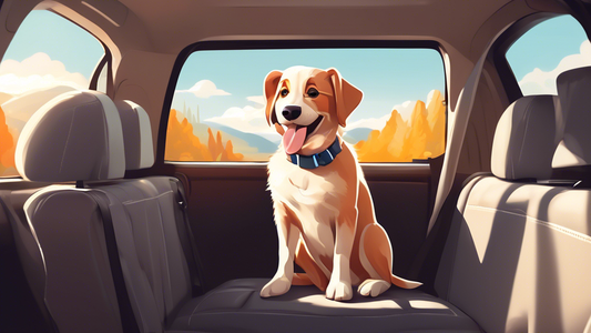 A heartwarming image of a happy dog comfortably sitting in the backseat of a car, securely fastened with a high-quality pet car restraint. The car is clean and modern, and the background shows a beaut