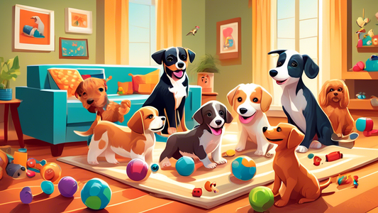 An adorable group of playful puppies with different breeds surrounded by a colorful assortment of chew toys in a cozy living room setting, with some happily chewing and others playfully interacting wi