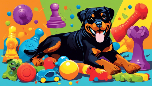 Create an image of a cheerful Rottweiler playing with a variety of durable and engaging toys. Include chew toys, interactive puzzle toys, and fetch toys in a vibrant indoor or outdoor setting. The Rot