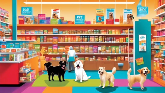 Create a vibrant and inviting image of a row of top pet stores with colorful signs, each showcasing Science Diet Dog Food. Include various dog breeds happily interacting with the healthy food options.