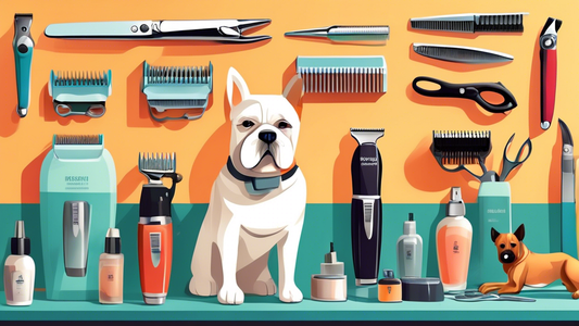 A detailed illustration of top professional dog clippers arranged on a grooming station, with various breeds of well-groomed dogs in the background. The tools should look high-quality and suitable for