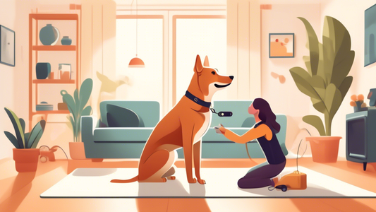 Create an image of a happy pet owner using innovative training tools with a well-behaved dog. The scene should showcase modern gadgets like a remote-controlled collar, interactive toys, and a training