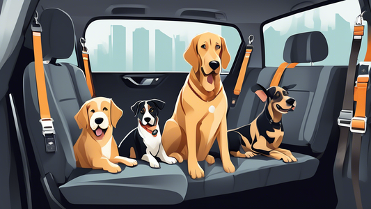 A detailed illustration of various top-rated dog seat belts designed specifically for large breeds in a car setting. The image features a range of big dogs such as Great Danes, German Shepherds, and G