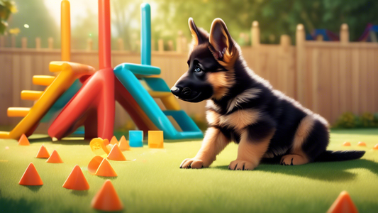 An adorable young German Shepherd puppy attentively watching its owner, who is holding a treat and pointing in the direction of a training obstacle course in a sunny backyard. The scene includes color