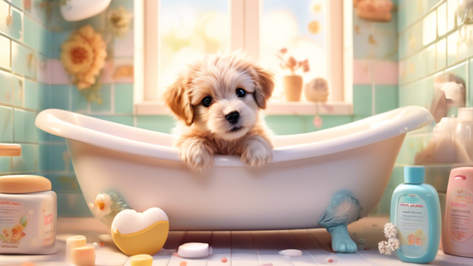 A detailed and heartwarming image of a cute, fluffy puppy in a bathtub, looking content and relaxed. The surroundings include a variety of puppy shampoos with labels highlighting ingredients like oatm