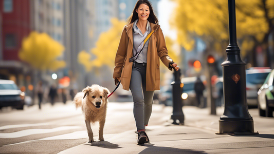 Create an image of a well-trained dog walking calmly beside its owner on a city street, using a traffic leash. The background should feature a vibrant urban setting with buildings, cars, and pedestria