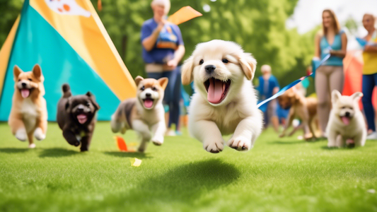 A lively scene at a puppy training camp situated in a lush, green park. Happy puppies of various breeds participate in training activities such as sitting, staying, and running through agility courses
