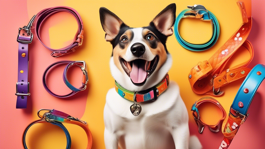 Create an image of a happy pet, such as a dog, surrounded by a variety of colorful and stylish collars and leashes. The pet is in a bright, cheerful environment, perhaps a pet store or a park, with op
