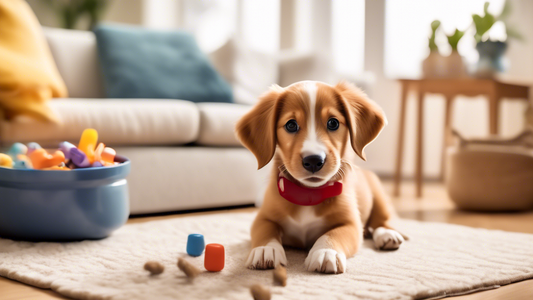Create an image of a cheerful puppy in a cozy living room setting, enthusiastically responding to clicker training. The owner, with a friendly expression, is holding a clicker and some treats, while t