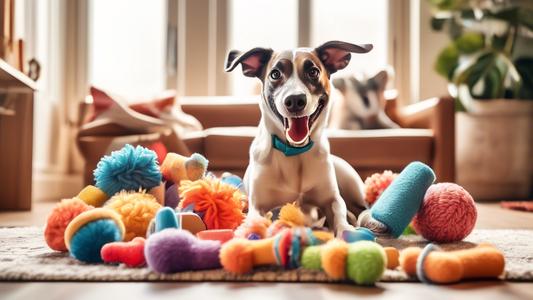 A joyful dog surrounded by a variety of colorful, new dog toys spilling out of a monthly subscription box. The dog is playfully chewing on one toy while looking excited. The scene is set in a cozy liv