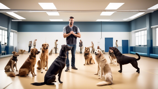 Create an image of a highly professional dog training class taking place in a pristine, well-equipped indoor training facility. The scene should include a knowledgeable and confident dog trainer demon