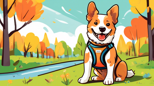 An illustration of a happy dog wearing a well-fitted Neewa harness, surrounded by different types and colors of Neewa harnesses. The background features a bright, sunny park with trees and grass, show