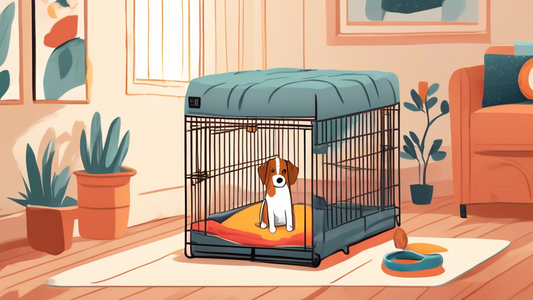 A detailed illustration of a 32-inch dog crate in a cozy, well-decorated living room. The crate has comfortable bedding inside, and a happy, medium-sized dog is sitting contentedly next to it. Nearby,