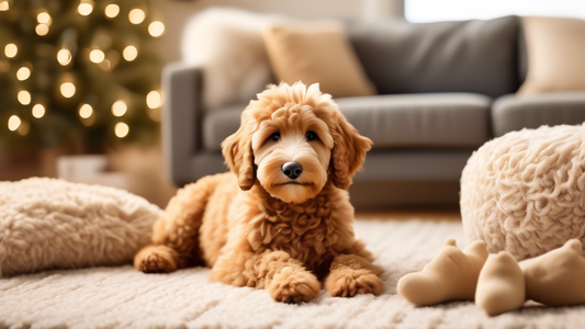 Create an image of an adorable toy-sized Golden Doodle with soft, curly fur in a cozy indoor setting. The dog should have big, expressive eyes and a joyful, friendly expression. Surround it with playf