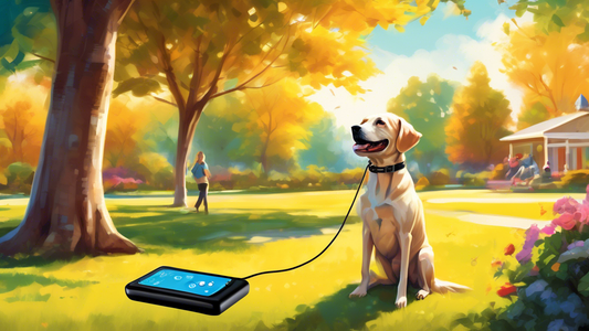 Create a detailed and vibrant image of a person holding a Dogtra iQ Plus remote control, with a happy and well-behaved dog sitting nearby, showcasing the effectiveness and features of the device. The